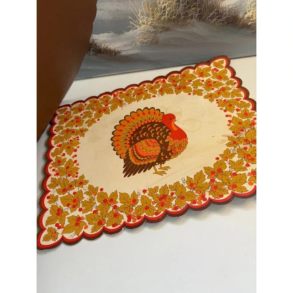 Vintage Thanksgiving Turkey Paper Placemats Set of 7 Scalloped Edge Harvest
